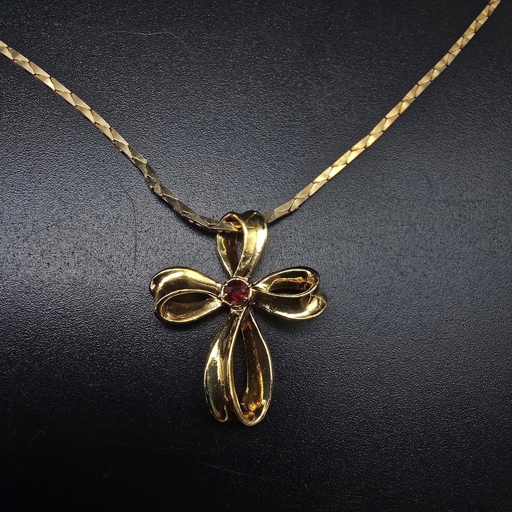 Avon Cross Necklace Gold Tone Red Rhinestone 14K Gold Filled Chain Vintage